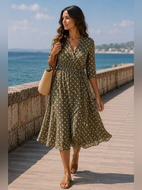 100% Silk Polka Dot Wrap Dress Midi Olive Green XL Luxury Summer Essentials